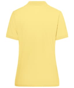 A yellow polo shirt with a classic design, featuring a collar and short sleeves. It has a logo on the fabric.