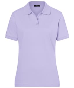 A lilac polo shirt for ladies with a collar and three buttons, featuring a logo on the chest.