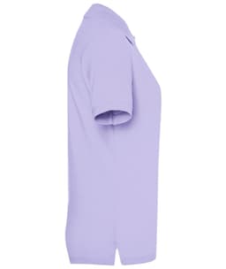 A lilac ladies' polo shirt displayed from the side, featuring short sleeves and a collar. It has a logo on it.