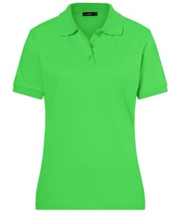 A bright green polo shirt for ladies, featuring a collar, short sleeves, and a logo.