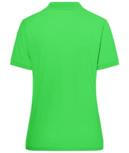 A bright green polo shirt with a collar and short sleeves, featuring a logo on the back.