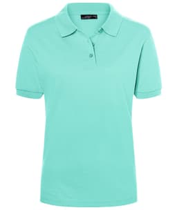 A mint green ladies' polo shirt featuring a collar and three-button placket, with a small logo on the chest.