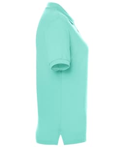 A side view of a mint green ladies' polo shirt with a collar and short sleeves, featuring a logo.