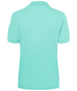 A mint green women's polo shirt with short sleeves, featuring a collar and a logo on the back.