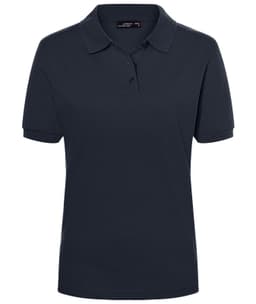A navy blue women's polo shirt featuring a button placket and a collar. It has a logo on the chest.