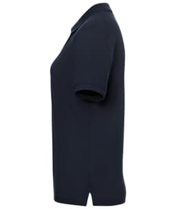 A classic ladies' polo shirt in navy blue, featuring a short sleeve design and a simple style. It has branding.
