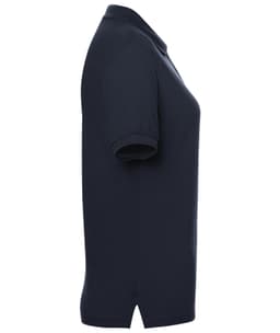 A navy blue polo shirt for ladies featuring a collar and short sleeves, with a logo on the chest.