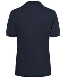 A navy blue ladies' polo shirt featuring a collar and short sleeves, with a branding logo.