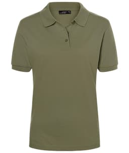 A classic ladies' polo shirt in olive green, featuring a collar, short sleeves, and a logo on the chest.