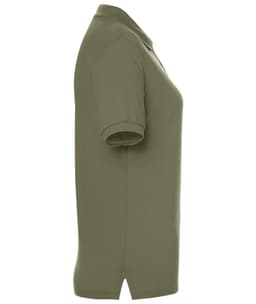 A short-sleeved, olive green polo shirt with a logo on the chest, featuring a classic fit and a collar.
