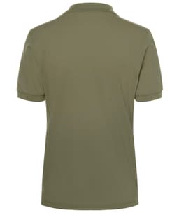 A classic polo shirt in khaki green, featuring a plain back and short sleeves. It has a logo on one side.