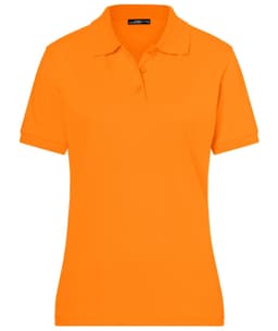 An orange polo shirt for ladies with a classic design and a collar. The shirt features a logo.