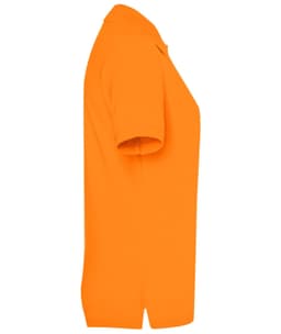 An orange ladies' polo shirt displayed from the side, featuring a collar and short sleeves. It has a logo on the left side.