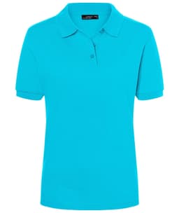 A turquoise polo shirt for women featuring a classic collar and buttons, with a logo on the label.