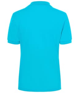 A vibrant turquoise polo shirt featuring a collar and short sleeves, with a branding logo on the back.
