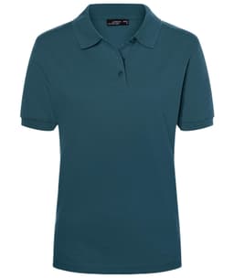 A classic ladies' polo shirt in a teal colour with a logo, featuring a two-button placket and short sleeves.