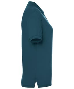 A teal ladies' polo shirt featuring a collar and short sleeves, with a logo on the chest.