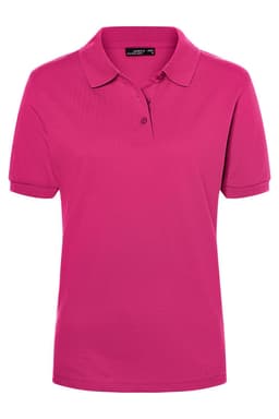 A pink polo shirt for ladies with a classic style, featuring a collar and logo branding.