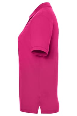 A pink polo shirt with a classic collar and short sleeves, featuring branded detailing.