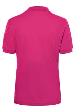 A pink polo shirt with a classic fit, featuring a collar and short sleeves, and a logo on the back.