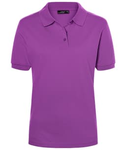 A purple polo shirt with a classic collar and short sleeves, featuring a logo on the chest.