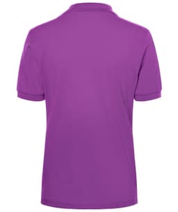 A purple polo shirt with a collar and short sleeves, featuring a logo on the back.