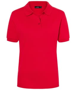 A red classic polo shirt for ladies with a collar and short sleeves, featuring a logo on the front.
