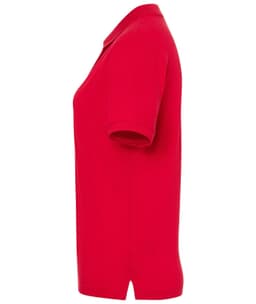 A red polo shirt for ladies with short sleeves and a collar, featuring a logo on the chest area.