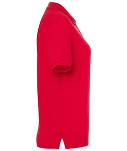 A red ladies' polo shirt displayed from the side, featuring a classic collar and short sleeves. It has a logo on it.