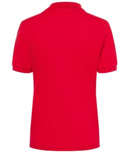 A red polo shirt with a classic design, featuring short sleeves and a collar. It has a logo on the back.