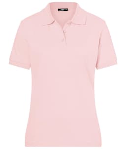 A pink polo shirt for ladies, featuring a collar and short sleeves, with a branding logo.