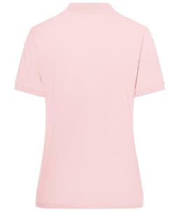 A pale pink polo shirt featuring a collar and short sleeves, with a logo on the back.