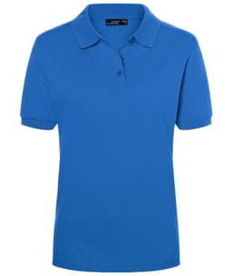 A blue ladies' polo shirt featuring a collar and three-button placket. It has a logo on the design.