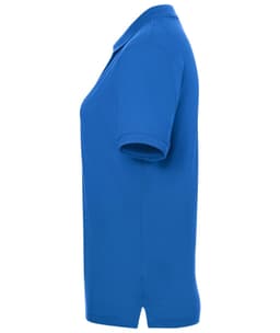 A side view of a women's polo shirt in bright blue, featuring short sleeves and a collar. The shirt has a logo.