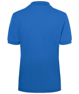 A blue polo shirt featuring a collar and short sleeves. The back view showcases a smooth, solid design.