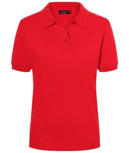 A red ladies' polo shirt with a collar and buttons, featuring a logo on the chest area.