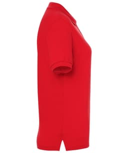 A red ladies’ polo shirt with short sleeves, featuring a collar and side slits, includes a logo.