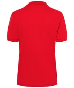 A red women's polo shirt with a collar, featuring short sleeves and an unobtrusive logo on the back.