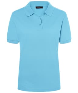 A light blue women's polo shirt with a classic design, featuring a collar and a logo.