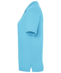A light blue polo shirt for ladies, featuring a classic design and a short sleeve style. It has a logo on it.