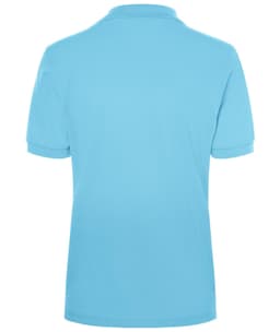 A light blue polo shirt featuring a classic design and a collar, with a logo at the back.
