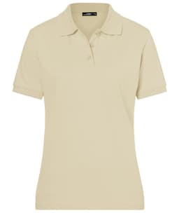 A light beige ladies' polo shirt with a collar, short sleeves, and a logo on the chest.