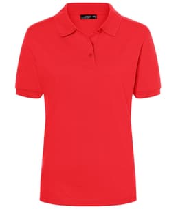 A red ladies' polo shirt featuring a three-button placket and short sleeves, with a logo on the chest.