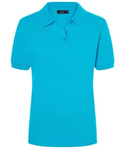 A turquoise polo shirt for women, featuring a collar and buttons, with a logo on the label.