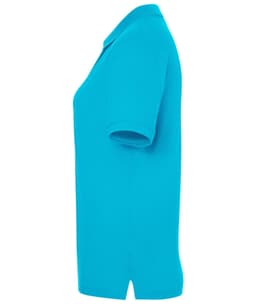 A turquoise polo shirt for ladies, displayed from the side, featuring short sleeves and a collar.