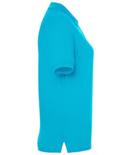 A side view of a classic ladies' polo shirt in bright aqua blue, featuring a collar and short sleeves.