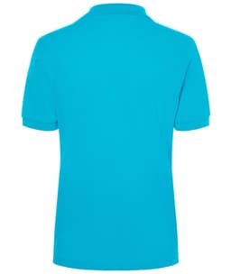 A blue polo shirt with a classic design featuring a collar and short sleeves, showing the back view.