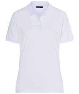 A white classic polo shirt with a collar and short sleeves. The shirt features a logo.