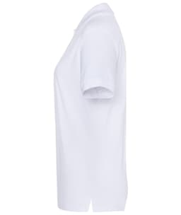 A white polo shirt for ladies, featuring a classic design and short sleeves, with a logo on the side.