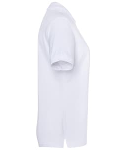 A white polo shirt for ladies, featuring a classic style and a side view. The shirt includes a logo.